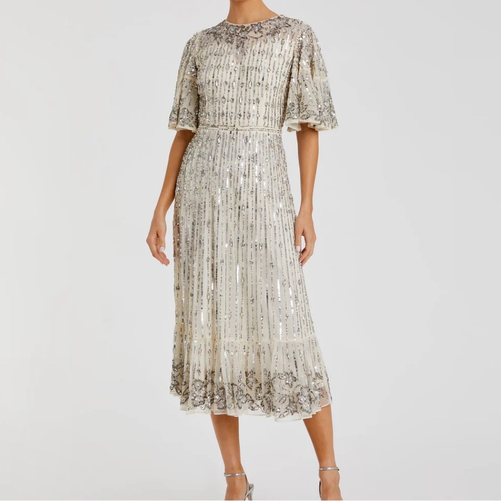 Mac Duggal Silver Beaded Midi Dress